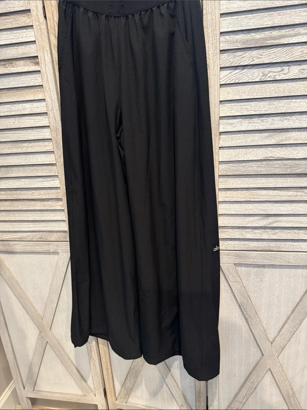 ALO Yoga Black Flow Mesh Mirage Wide-Leg Trouser